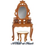 Dollhouse Walnut Vanity w/Mirror &amp; Stool