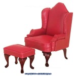 Dollhouse Wing Chair with Ottoman - Red Leather